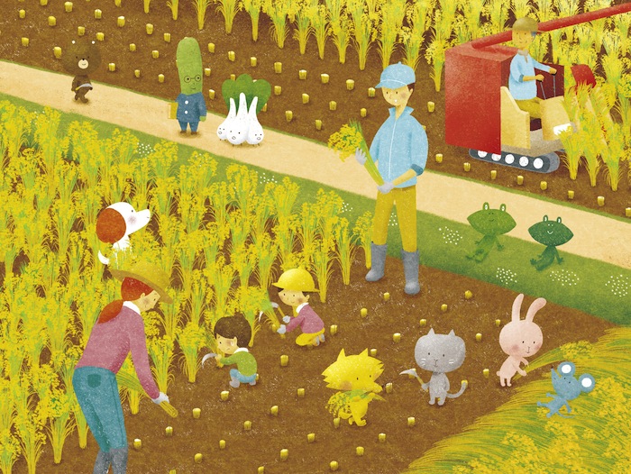 JA大阪市 「萌」表紙イラスト 10月号 稲収穫の風景