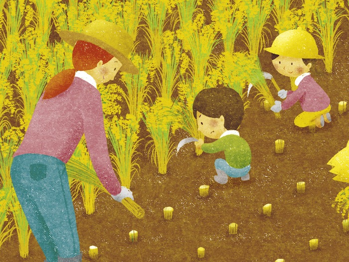 JA大阪市 「萌」表紙イラスト 10月号　稲収穫の風景